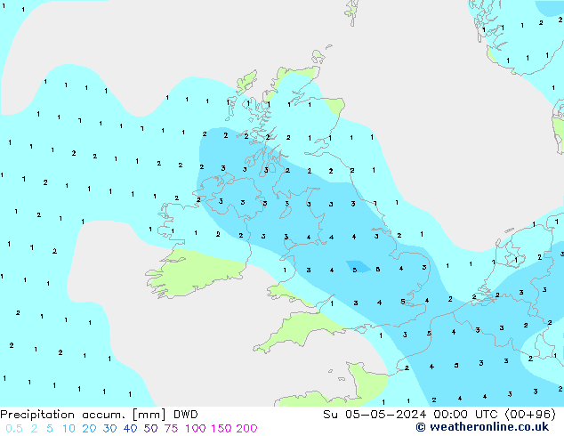 Precipitation accum. DWD dom 05.05.2024 00 UTC