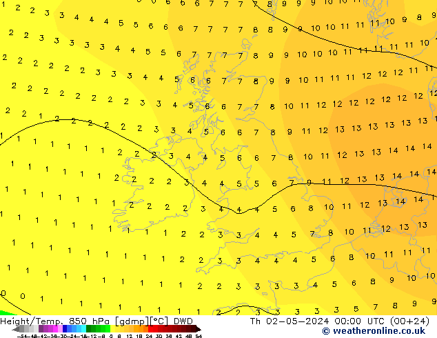 Hoogte/Temp. 850 hPa DWD do 02.05.2024 00 UTC