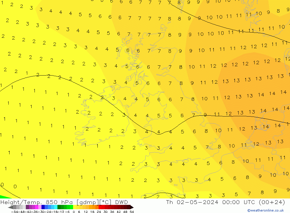 Height/Temp. 850 hPa DWD Do 02.05.2024 00 UTC