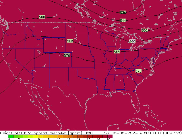 Hoogte 500 hPa Spread DWD zo 02.06.2024 00 UTC