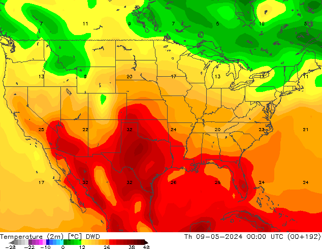 Temperaturkarte (2m) DWD Do 09.05.2024 00 UTC