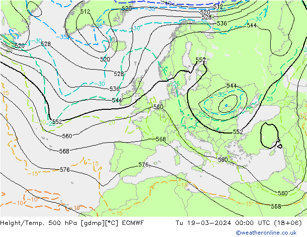 Z500/Rain (+SLP)/Z850 ECMWF Tu 19.03.2024 00 UTC
