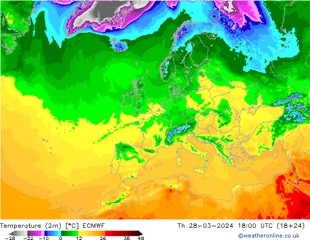Temperature (2m) ECMWF Th 28.03.2024 18 UTC