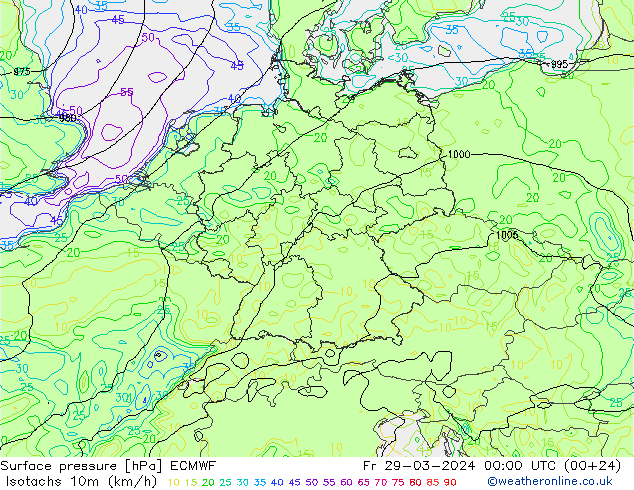 Isotachen (km/h) ECMWF Fr 29.03.2024 00 UTC