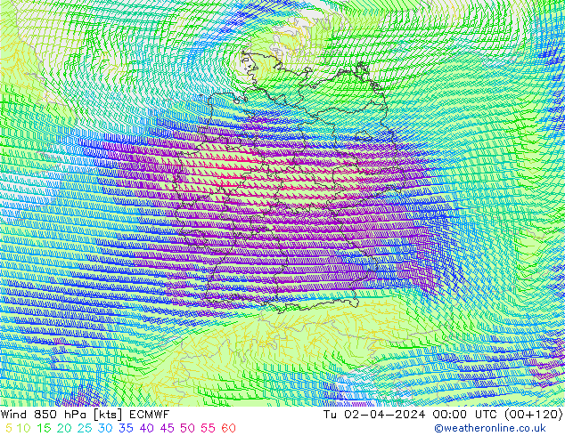 Wind 850 hPa ECMWF Tu 02.04.2024 00 UTC