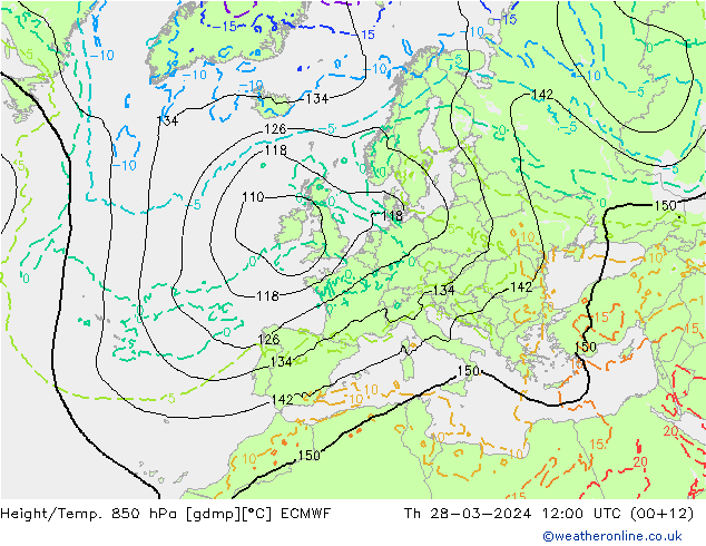 Z500/Rain (+SLP)/Z850 ECMWF Čt 28.03.2024 12 UTC
