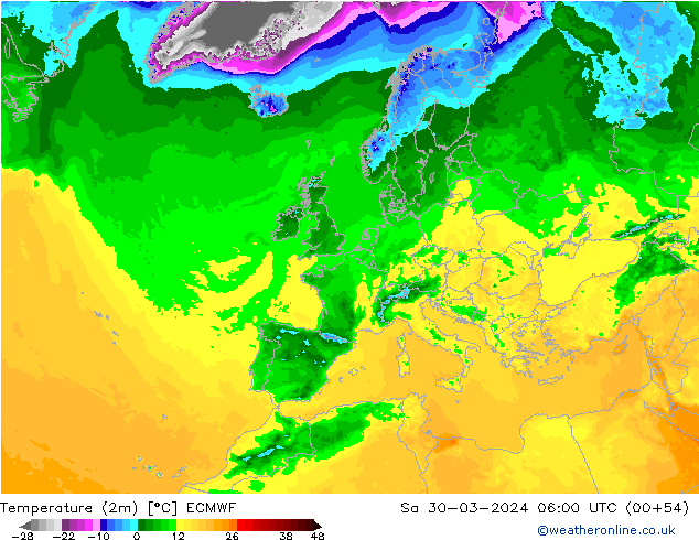 Temperaturkarte (2m) ECMWF Sa 30.03.2024 06 UTC