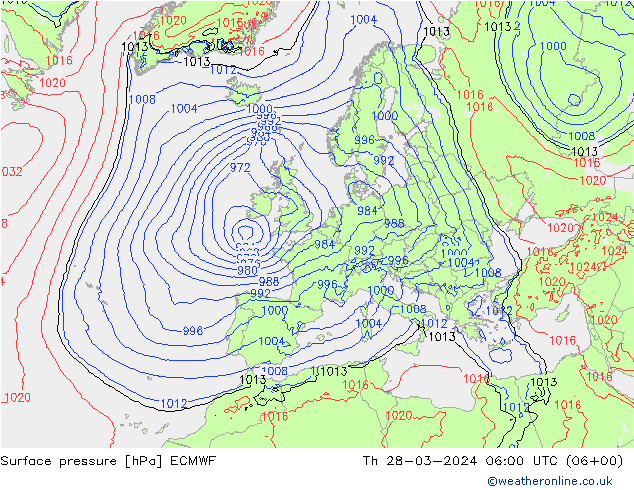 Pressione al suolo ECMWF gio 28.03.2024 06 UTC