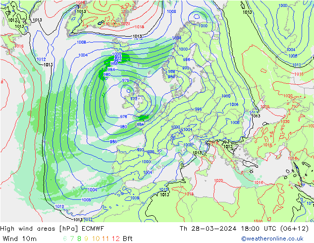 High wind areas ECMWF Čt 28.03.2024 18 UTC