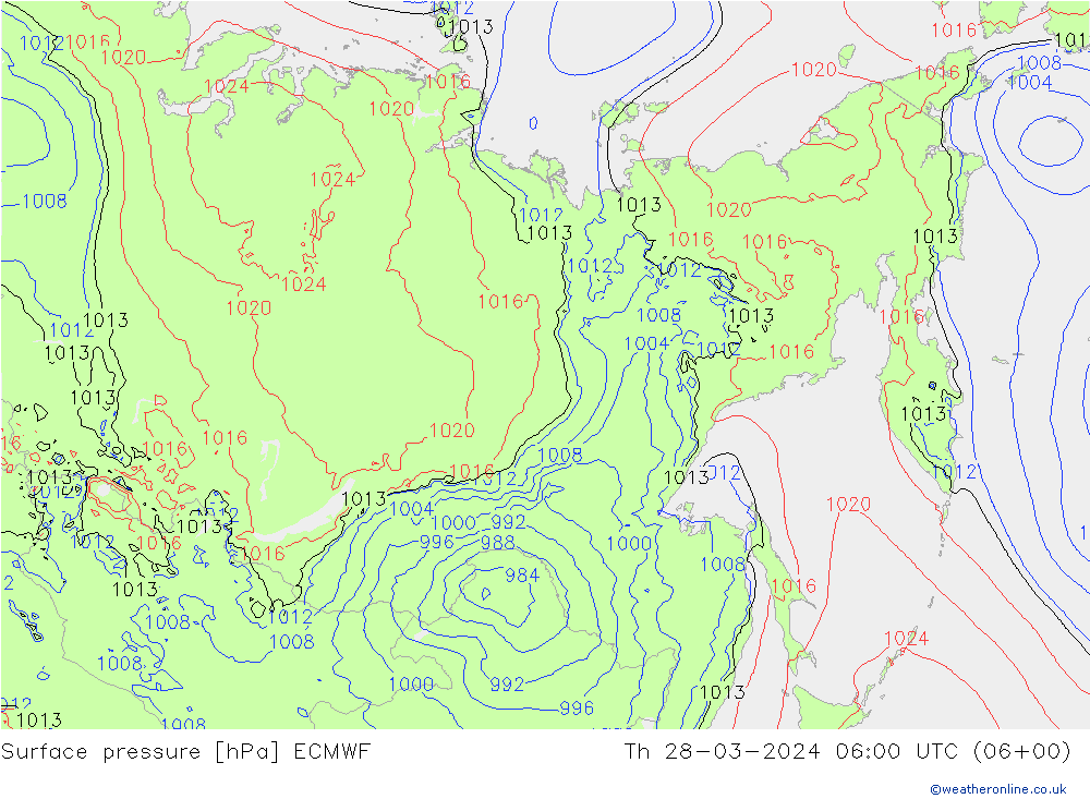 Presión superficial ECMWF jue 28.03.2024 06 UTC