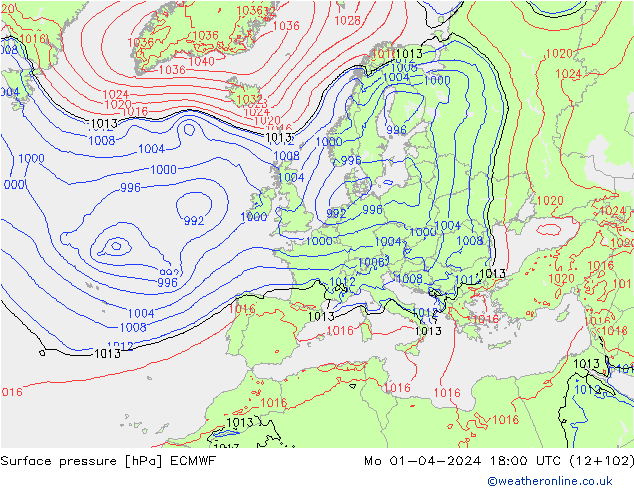 Bodendruck ECMWF Mo 01.04.2024 18 UTC
