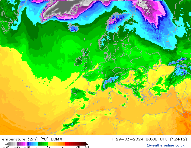 Temperaturkarte (2m) ECMWF Fr 29.03.2024 00 UTC