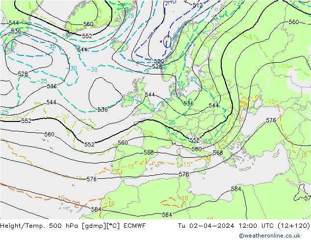 Z500/Rain (+SLP)/Z850 ECMWF Di 02.04.2024 12 UTC