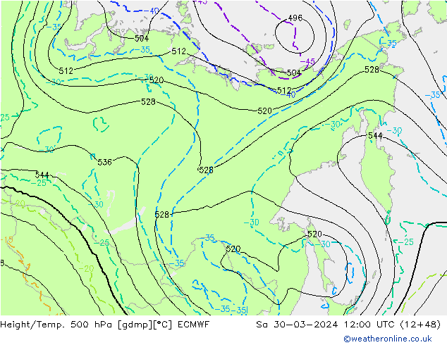 Height/Temp. 500 hPa ECMWF Sa 30.03.2024 12 UTC
