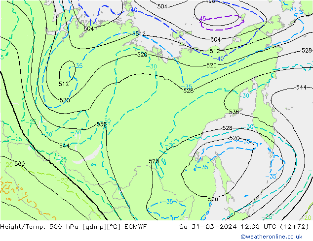 Z500/Rain (+SLP)/Z850 ECMWF Su 31.03.2024 12 UTC