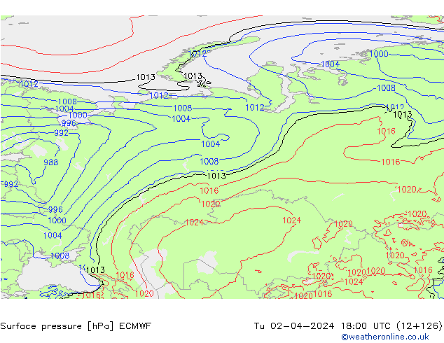 Atmosférický tlak ECMWF Út 02.04.2024 18 UTC