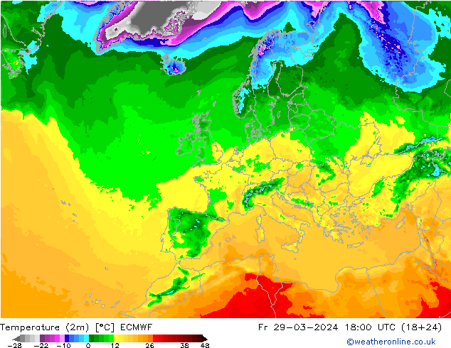 Temperaturkarte (2m) ECMWF Fr 29.03.2024 18 UTC