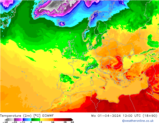 Temperaturkarte (2m) ECMWF Mo 01.04.2024 12 UTC