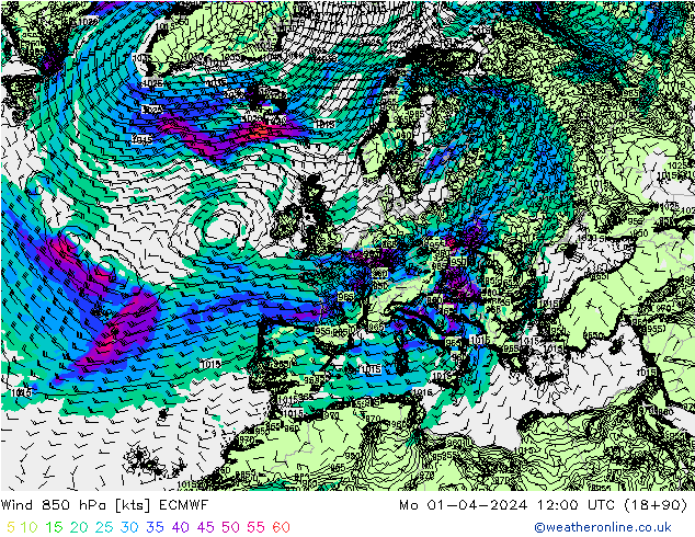 Wind 850 hPa ECMWF ma 01.04.2024 12 UTC