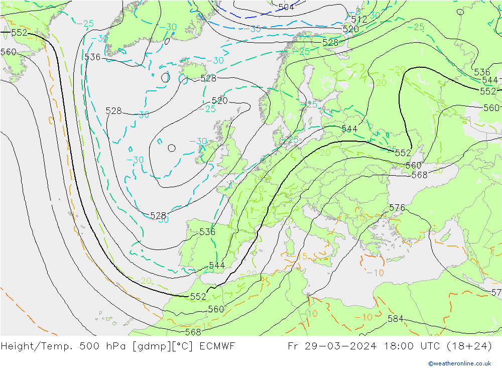 Yükseklik/Sıc. 500 hPa ECMWF Cu 29.03.2024 18 UTC