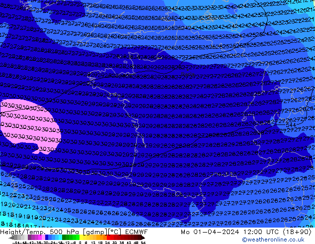 Hoogte/Temp. 500 hPa ECMWF ma 01.04.2024 12 UTC