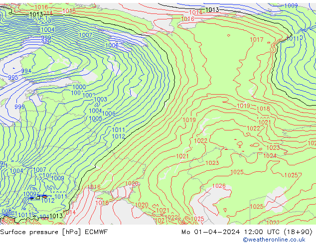 Luchtdruk (Grond) ECMWF ma 01.04.2024 12 UTC
