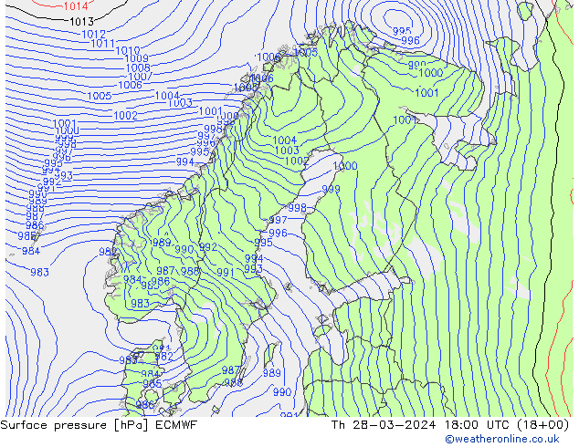 Atmosférický tlak ECMWF Čt 28.03.2024 18 UTC