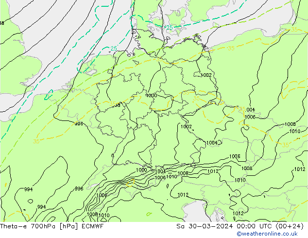 Theta-e 700hPa ECMWF Sa 30.03.2024 00 UTC