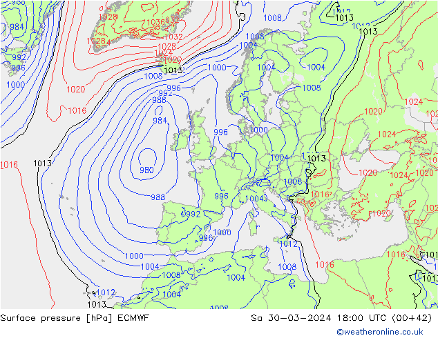 Bodendruck ECMWF Sa 30.03.2024 18 UTC