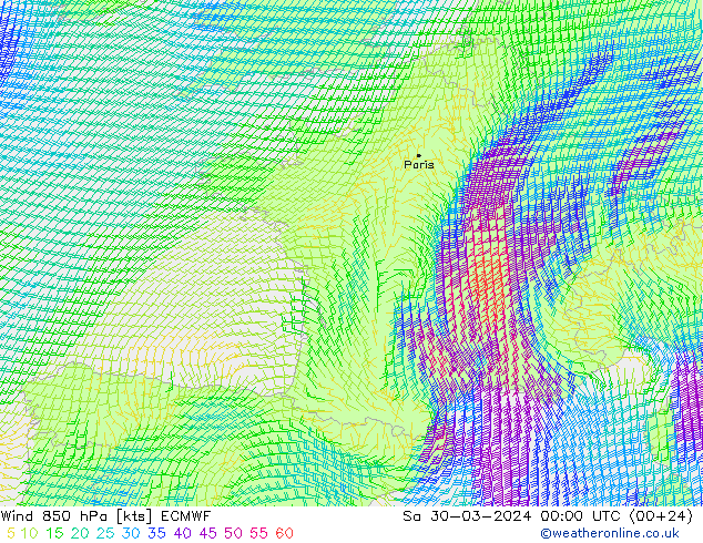 Wind 850 hPa ECMWF Sa 30.03.2024 00 UTC