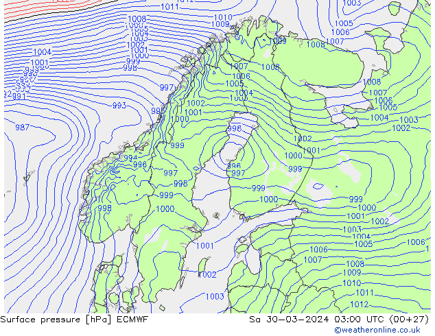 Bodendruck ECMWF Sa 30.03.2024 03 UTC
