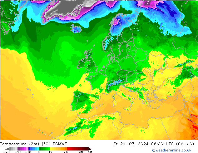Temperatuurkaart (2m) ECMWF vr 29.03.2024 06 UTC