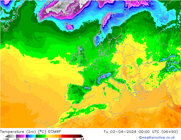 Temperature (2m) ECMWF Tu 02.04.2024 00 UTC