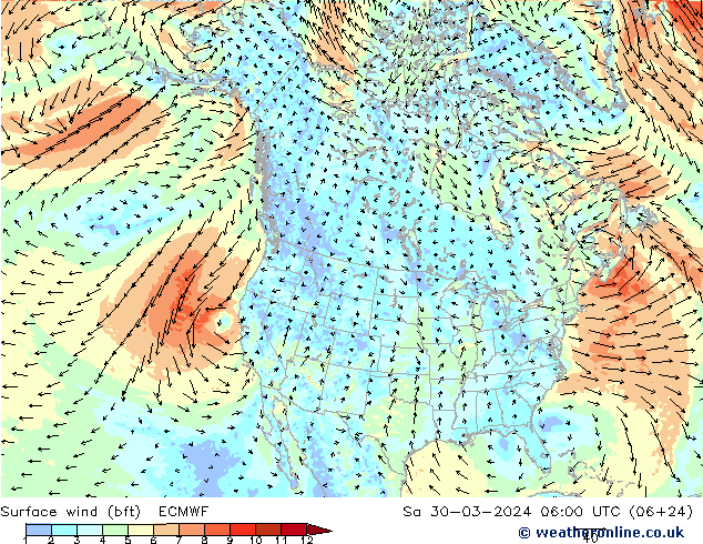 Rüzgar 10 m (bft) ECMWF Cts 30.03.2024 06 UTC