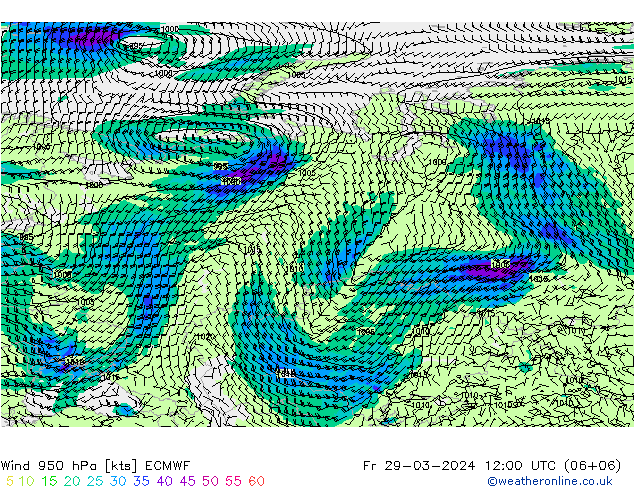 Prec 6h/Wind 10m/950 ECMWF пт 29.03.2024 12 UTC