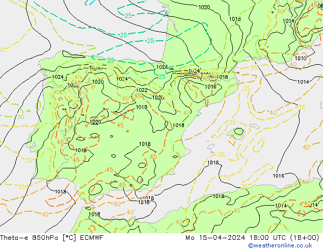 Theta-e 850hPa ECMWF Mo 15.04.2024 18 UTC
