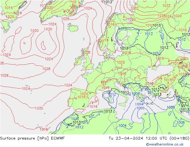 Bodendruck ECMWF Di 23.04.2024 12 UTC