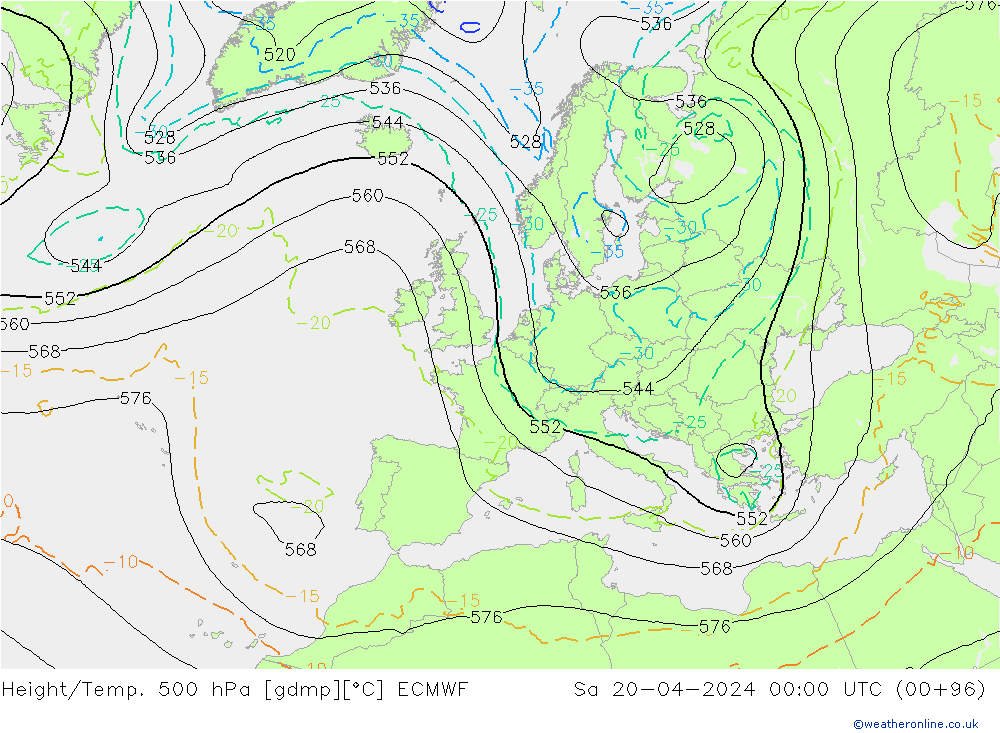 Height/Temp. 500 hPa ECMWF Sáb 20.04.2024 00 UTC