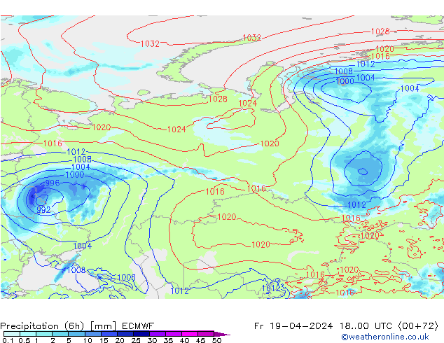 Z500/Rain (+SLP)/Z850 ECMWF Fr 19.04.2024 00 UTC