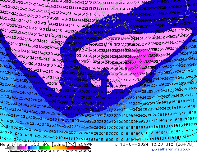 Z500/Rain (+SLP)/Z850 ECMWF Tu 16.04.2024 12 UTC