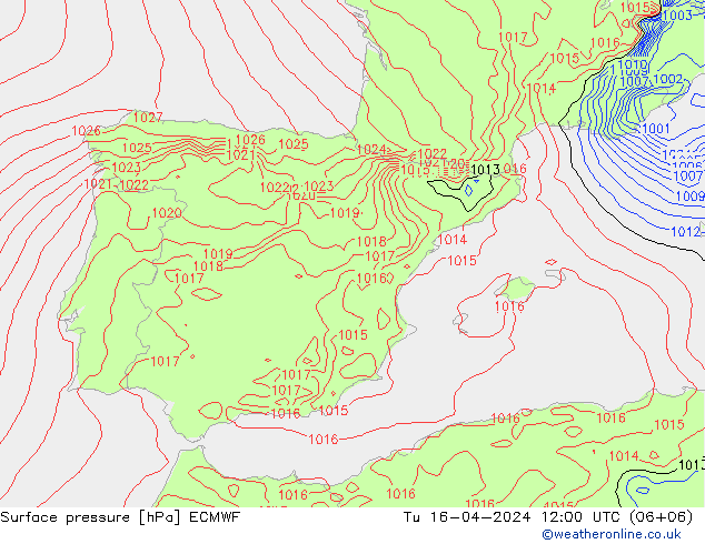 Surface pressure ECMWF Tu 16.04.2024 12 UTC