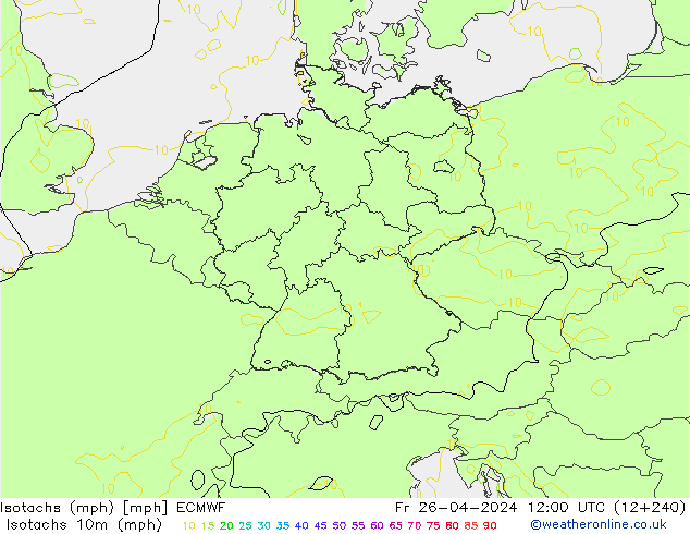Isotachs (mph) ECMWF Fr 26.04.2024 12 UTC