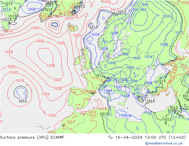 Bodendruck ECMWF Di 16.04.2024 12 UTC