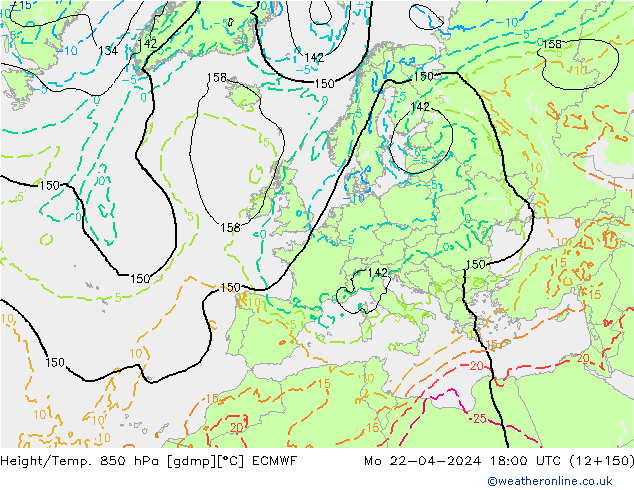 Height/Temp. 850 hPa ECMWF Mo 22.04.2024 18 UTC