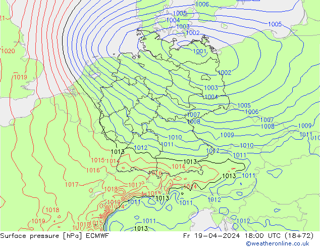 Bodendruck ECMWF Fr 19.04.2024 18 UTC