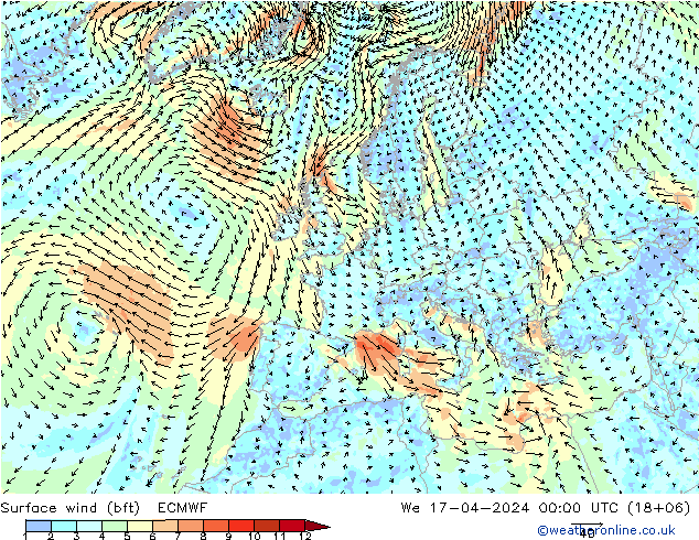 Surface wind (bft) ECMWF We 17.04.2024 00 UTC