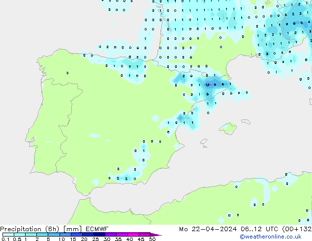 Precipitation (6h) ECMWF Mo 22.04.2024 12 UTC