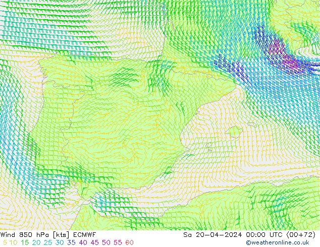 Wind 850 hPa ECMWF Sa 20.04.2024 00 UTC