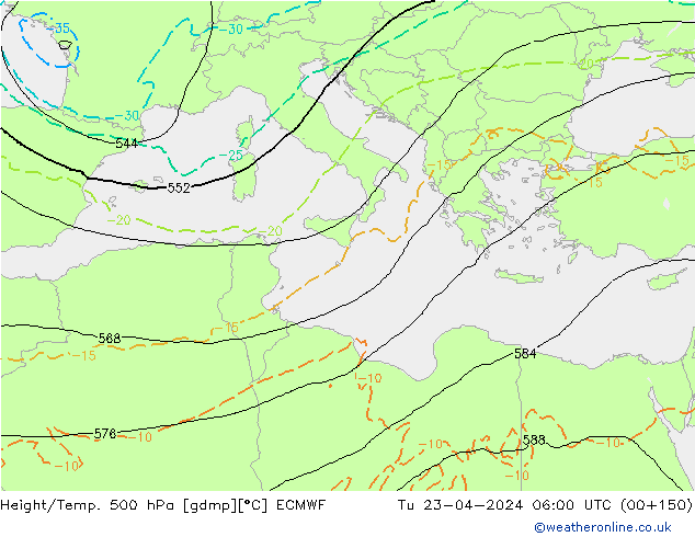 Z500/Rain (+SLP)/Z850 ECMWF Tu 23.04.2024 06 UTC