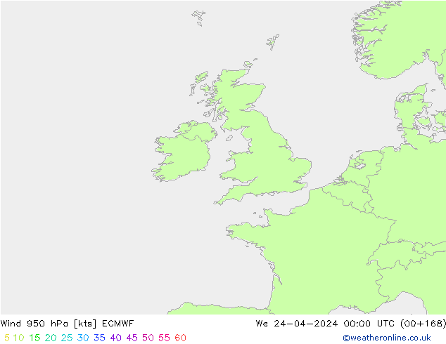 Wind 950 hPa ECMWF We 24.04.2024 00 UTC